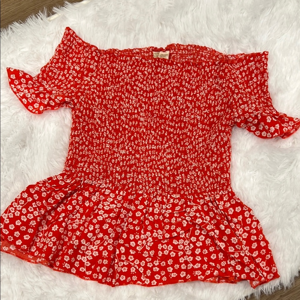 Japna Red and White Smocked Baby Doll Top